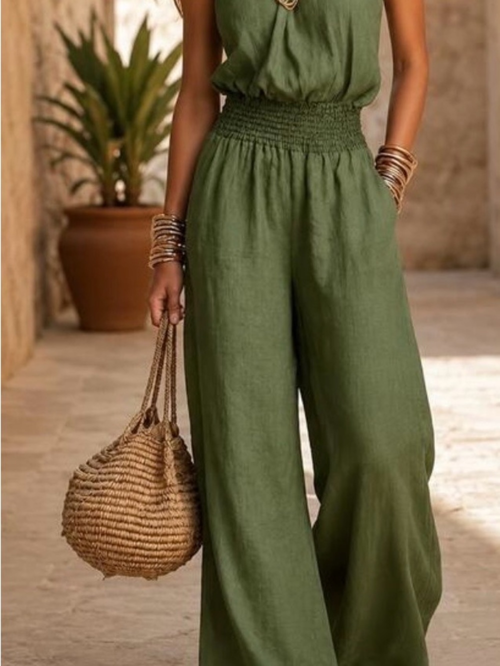 SHEIN Olive Green Halter Wide-Leg Jumpsuit with Smocked Waist - Picture 2 of 6